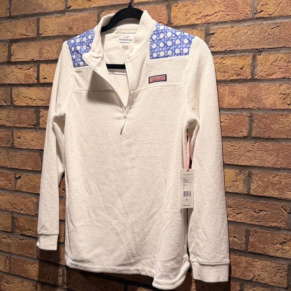 Girls Vineyard Vines White Terry Cloth 3/4 Zip with Blue Patterned Shoulders